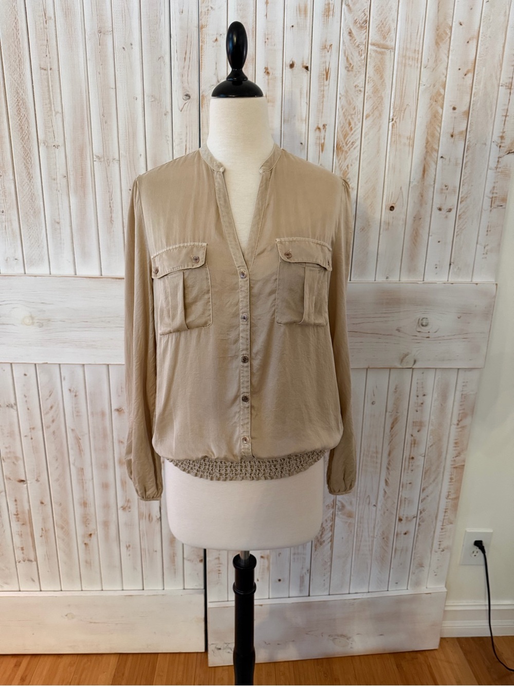Light Taupe Button-Front Women's Blouse 100% Silk